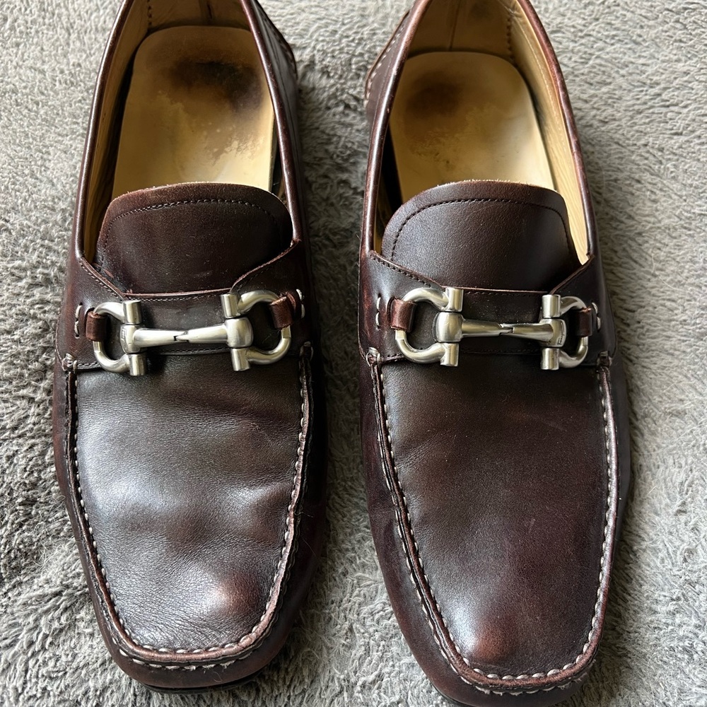 Salvatore Ferragamo Brown Leather Bit Loafers with Gancini Buckle Size 12